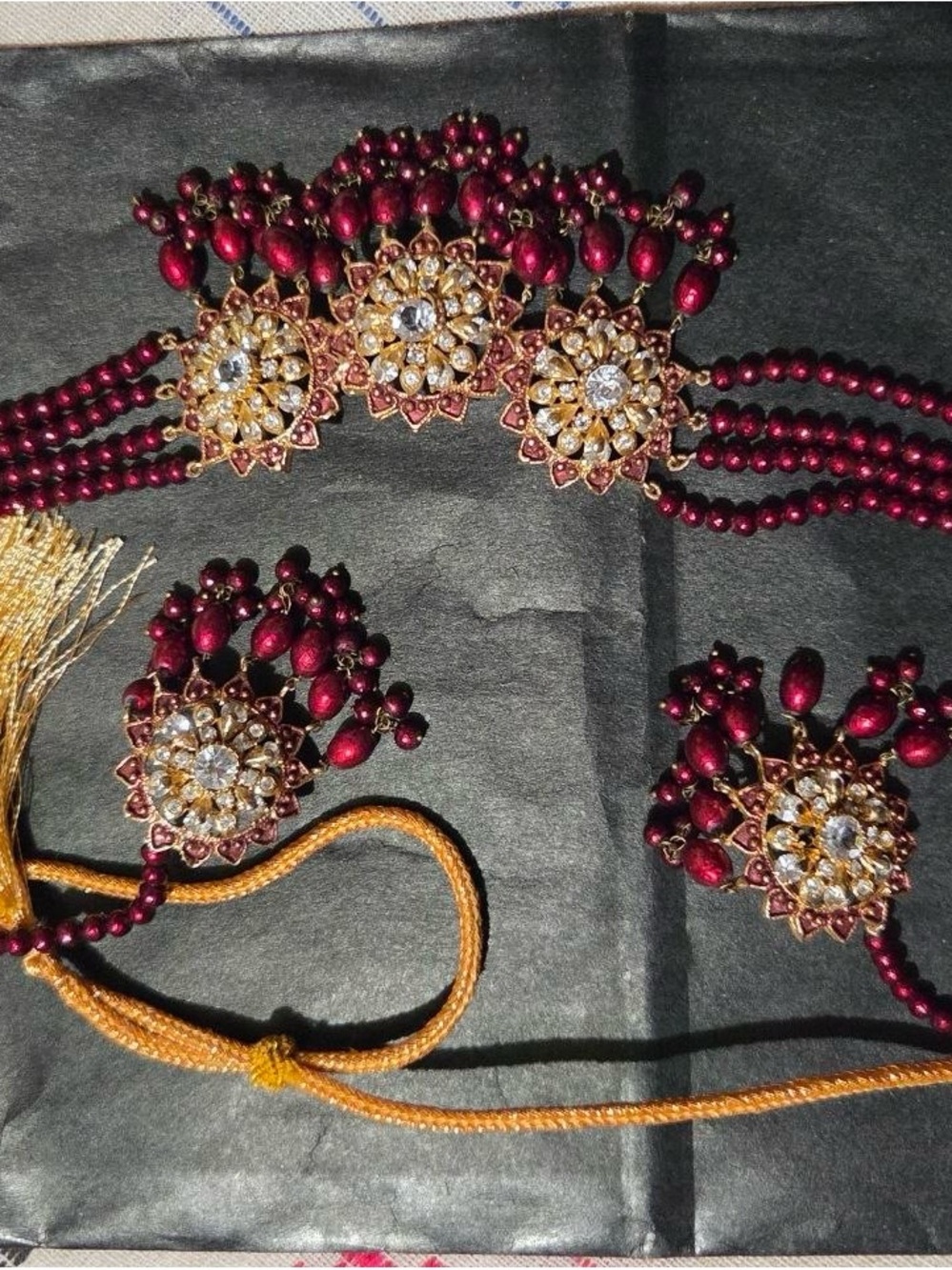 Maroon Beaded Bridal Jewelry Set with Gold and Clear Stones